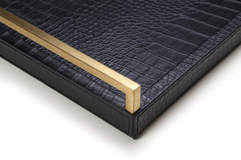 WV 17.8X 11.8 Leather Ottoman Tray, Big Serving Tray with Brushed Gold Handles for Bars, Parties, Dinning, Decorative Tray for Modern Home Decor, Bathroom Vanity (Black) - Image 5